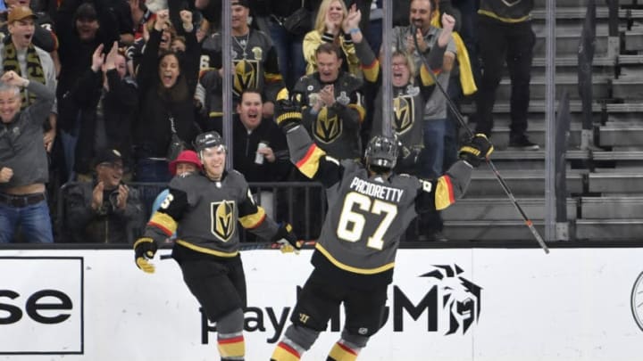 LAS VEGAS, NEVADA - OCTOBER 12: Paul Stastny #26 of the Vegas Golden Knights celebrates after scoring a goal during the second period against the Calgary Flames at T-Mobile Arena on October 12, 2019 in Las Vegas, Nevada. (Photo by Jeff Bottari/NHLI via Getty Images)