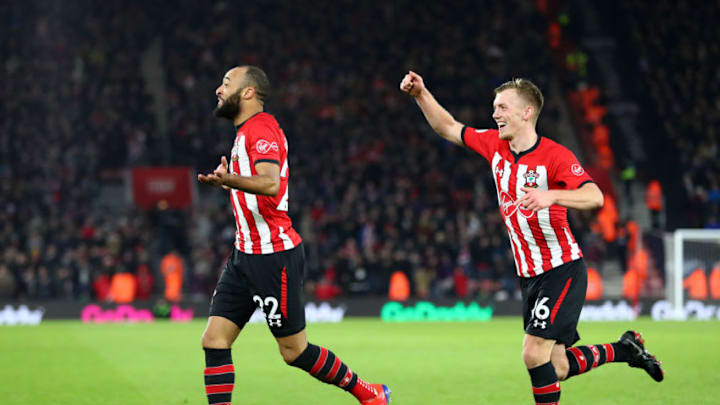 SOUTHAMPTON, ENGLAND - JANUARY 19: Nathan Redmond of Southampton celebrates with teammate James Ward-Prowse after scoring his sides second goal during the Premier League match between Southampton FC and Everton FC at St Mary's Stadium on January 19, 2019 in Southampton, United Kingdom. (Photo by Dan Istitene/Getty Images)