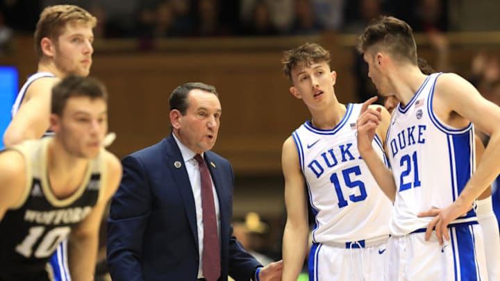 DURHAM, NORTH CAROLINA - DECEMBER 19: Head coach Mike Krzyzewski of the Duke Blue Devils talks to his players during their game against the Wofford Terriers at Cameron Indoor Stadium on December 19, 2019 in Durham, North Carolina. (Photo by Streeter Lecka/Getty Images)