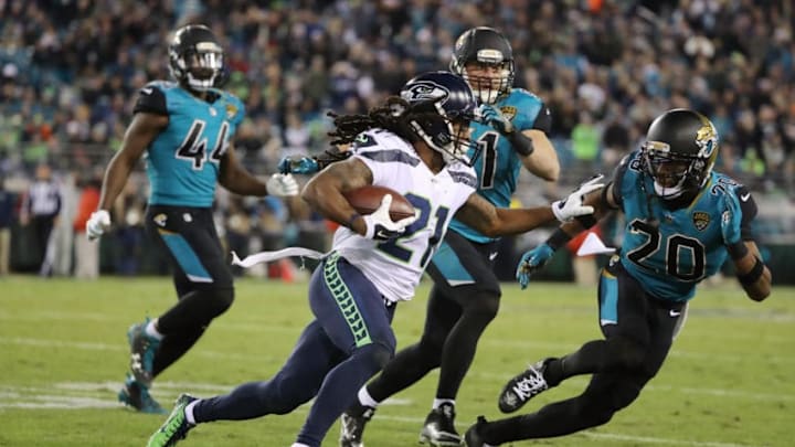 JACKSONVILLE, FL - DECEMBER 10: J.D. McKissic #21 of the Seattle Seahawks runs with the football during the second half of their game against the Jacksonville Jaguars at EverBank Field on December 10, 2017 in Jacksonville, Florida. (Photo by Sam Greenwood/Getty Images) JACKSONVILLE, FL - DECEMBER 10: J.D. McKissic #21 of the Seattle Seahawks runs with the football during the second half of their game against the Jacksonville Jaguars at EverBank Field on December 10, 2017 in Jacksonville, Florida. (Photo by Sam Greenwood/Getty Images)