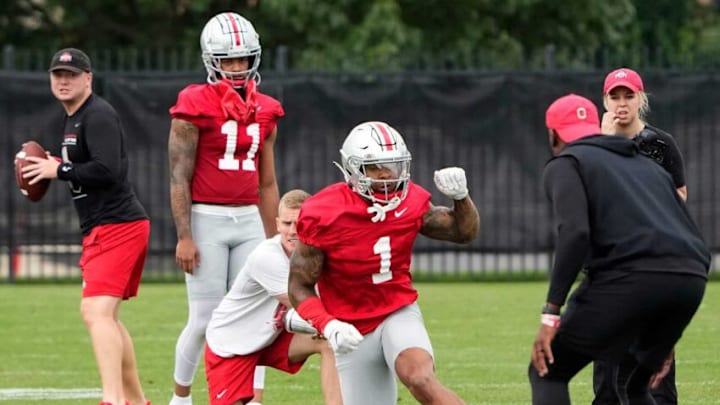 Aug 5, 2022; Columbus, OH, USA; Ohio State Buckeyes wide receiver Kamryn Babb (1) during practice at Woody Hayes Athletic Center in Columbus, Ohio on August 5, 2022.Ceb Osufb0805 Kwr 36