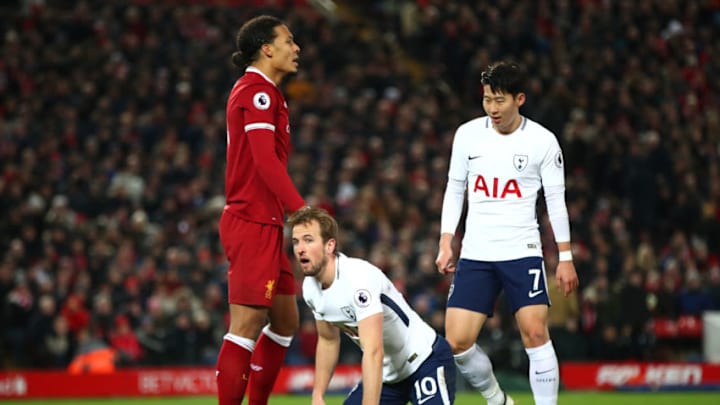 LIVERPOOL, ENGLAND - FEBRUARY 04: Harry Kane of Tottenham Hotspur reacts after winning a penalty during the Premier League match between Liverpool and Tottenham Hotspur at Anfield on February 4, 2018 in Liverpool, England. (Photo by Clive Brunskill/Getty Images)
