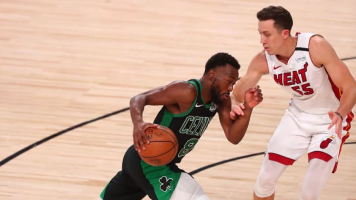 Boston Celtics guard Kemba Walker (8) moves the ball against Miami Heat guard Duncan Robinson (Kim Klement-USA TODAY Sports)