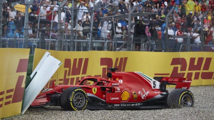 HOCKENHEIM, GERMANY - JULY 22: Sebastian Vettel of Germany driving the (5) Scuderia Ferrari SF71H crashes during the Formula One Grand Prix of Germany at Hockenheimring on July 22, 2018 in Hockenheim, Germany. (Photo by Getty Images/Getty Images)