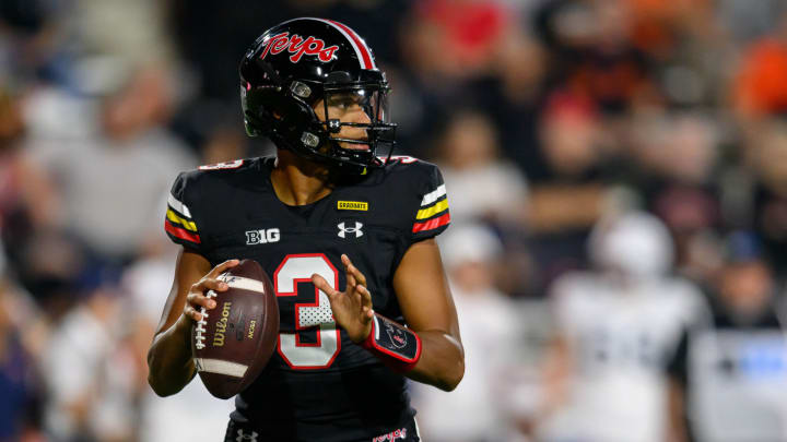 Sep 15, 2023; College Park, Maryland, USA; Maryland Terrapins quarterback Taulia Tagovailoa (3) during the second quarter against the Virginia Cavaliers at SECU Stadium. Mandatory Credit: Reggie Hildred-USA TODAY Sports