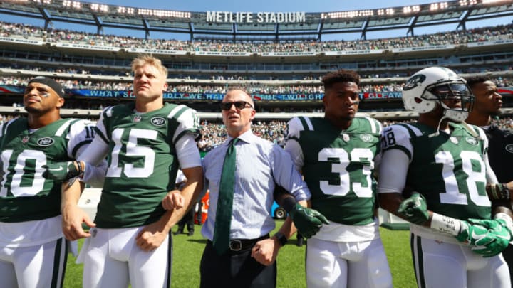 EAST RUTHERFORD, NJ - SEPTEMBER 24: Jermaine Kearse #10, Josh McCown #15, Jamal Adams #33, ArDarius Stewart #18 and Christopher Johnson CEO of the New York Jets stand in unison with his team during the National Anthem prior to an NFL game against the Miami Dolphins at MetLife Stadium on September 24, 2017 in East Rutherford, New Jersey. (Photo by Al Bello/Getty Images)