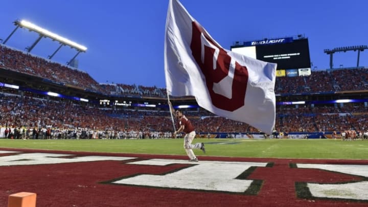 Dec 31, 2015; Miami Gardens, FL, USA;A general view of Oklahoma Sooners helmets in the third quarter of the 2015 CFP Semifinal at the Orange Bowl at Sun Life Stadium. Mandatory Credit: Kim Klement-USA TODAY Sports