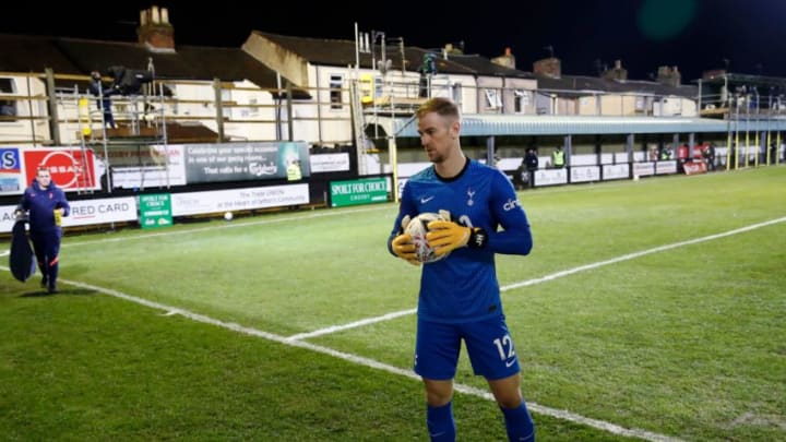 Tottenham Hotspur's English goalkeeper Joe Hart prepares for the start of the English FA Cup third round football match between Marine and Tottenham Hotspur at Rossett Park ground in Crosby, north west England, on January 10, 2021. (Photo by CLIVE BRUNSKILL/POOL/AFP via Getty Images)