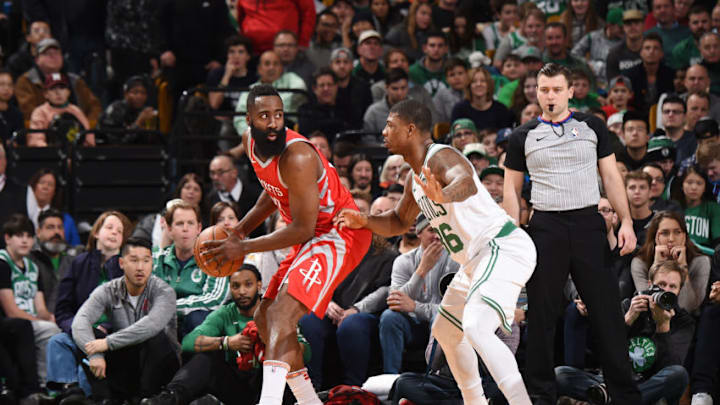 BOSTON, MA - DECEMBER 28: James Harden #13 of the Houston Rockets handles the ball against Marcus Smart #36 of the Boston Celtics on December 28, 2017 at the TD Garden in Boston, Massachusetts. NOTE TO USER: User expressly acknowledges and agrees that, by downloading and or using this photograph, User is consenting to the terms and conditions of the Getty Images License Agreement. Mandatory Copyright Notice: Copyright 2017 NBAE (Photo by Brian Babineau/NBAE via Getty Images)