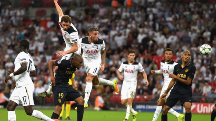 LONDON, ENGLAND - SEPTEMBER 14: Jan Vertonghen of Tottenham Hotspur jumps over Djibril Sidibe of AS Monaco to head the ball towards goal during the UEFA Champions League match between Tottenham Hotspur FC and AS Monaco FC at Wembley Stadium on September 14, 2016 in London, England. (Photo by Shaun Botterill/Getty Images)