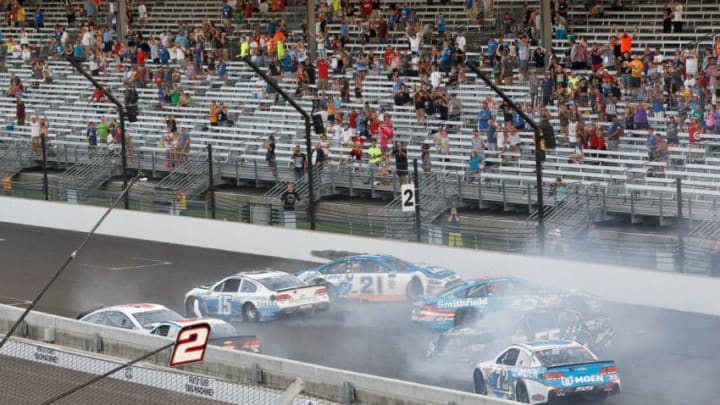 INDIANAPOLIS, IN - JULY 23: Cars wreck during the Monster Energy NASCAR Cup Series Brickyard 400 at Indianapolis Motorspeedway on July 23, 2017 in Indianapolis, Indiana. (Photo by Brian Lawdermilk/Getty Images)