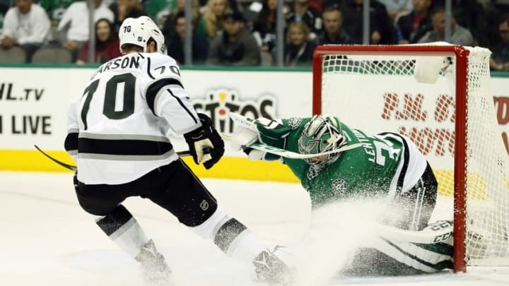 Oct 20, 2016; Dallas, TX, USA; Dallas Stars goalie Kari Lehtonen (32) makes a save against Los Angeles Kings left wing Tanner Pearson (70) in the first period at American Airlines Center. Mandatory Credit: Tim Heitman-USA TODAY Sports