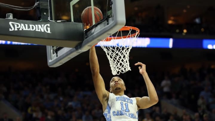 Mar 27, 2016; Philadelphia, PA, USA; North Carolina Tar Heels forward Brice Johnson (11) shoots against the Notre Dame Fighting Irish during the second half in the championship game in the East regional of the NCAA Tournament at Wells Fargo Center. Mandatory Credit: Bill Streicher-USA TODAY Sports