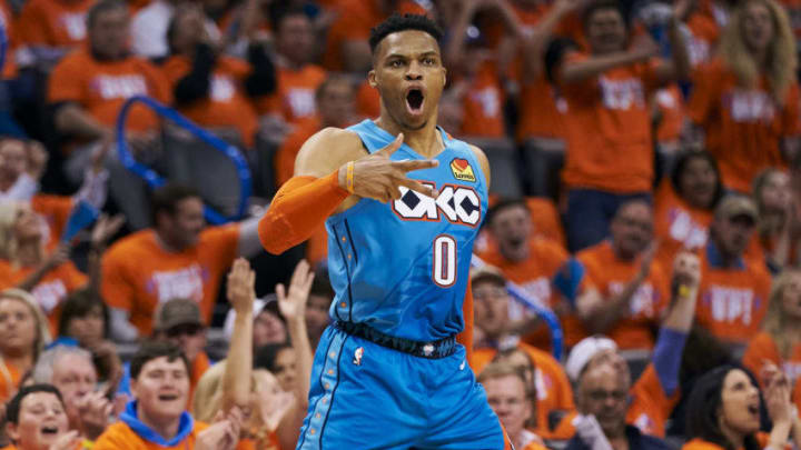 OKLAHOMA CITY, OKLAHOMA - APRIL 19: Russell Westbrook #0 of the Oklahoma City Thunder reacts after a made basket against the Portland Trail Blazers during the second half of game three of the Western Conference quarterfinals at Chesapeake Energy Arena on April 19, 2019 in Oklahoma City, Oklahoma. NOTE TO USER: User expressly acknowledges and agrees that, by downloading and or using this photograph, User is consenting to the terms and conditions of the Getty Images License Agreement. (Photo by Cooper Neill/Getty Images)