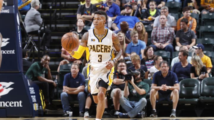INDIANAPOLIS, IN - OCTOBER 06: Joe Young #3 of the Indiana Pacers brings the ball up court against the Chicago Bulls during a preseason game at Bankers Life Fieldhouse on October 6, 2016 in Indianapolis, Indiana. The Pacers defeated the Bulls 115-108. NOTE TO USER: User expressly acknowledges and agrees that, by downloading and or using the photograph, User is consenting to the terms and conditions of the Getty Images License Agreement. (Photo by Joe Robbins/Getty Images)
