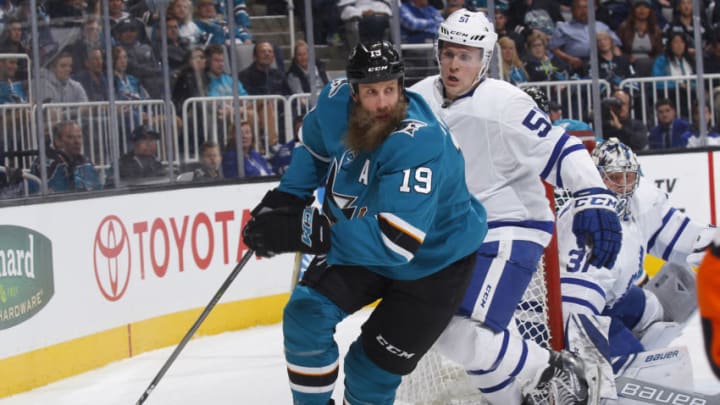 SAN JOSE, CA - OCTOBER 30: Joe Thornton #19 of the San Jose Sharks skates against Jake Gardiner #51 of the Toronto Maple Leafs at SAP Center on October 30, 2017 in San Jose, California. (Photo by Rocky W. Widner/NHL/Getty Images)