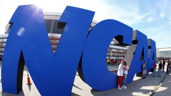 ATLANTA, GA - APRIL 06: A NCAA logo is seen outside the Georgia Dome before the 2013 NCAA Men's Final Four Semifinal between the Louisville Cardinals and the Wichita State Shockers on April 6, 2013 in Atlanta, Georgia. (Photo by Streeter Lecka/Getty Images)