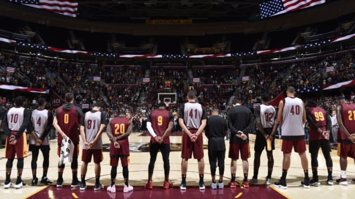 CLEVELAND, OH - OCTOBER 2: The Cleveland Cavaliers honor the National Anthem before the open practice on October 2, 2017 at Quicken Loans Arena in Cleveland, Ohio. NOTE TO USER: User expressly acknowledges and agrees that, by downloading and/or using this Photograph, user is consenting to the terms and conditions of the Getty Images License Agreement. Mandatory Copyright Notice: Copyright 2017 NBAE (Photo by David Liam Kyle/NBAE via Getty Images)