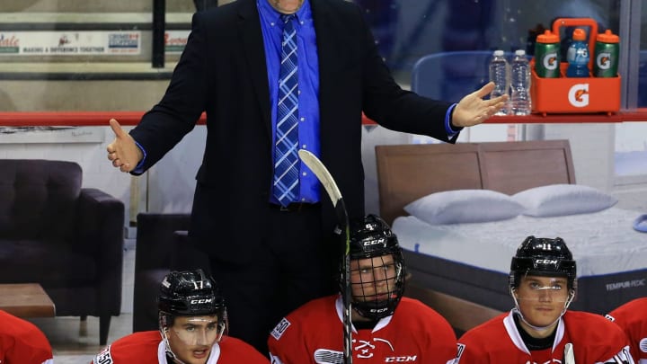 ST CATHARINES, ON – NOVEMBER 24: Head Coach Andre Tourigny of the Ottawa 67’s shouts to the referee during the second period of an OHL game against the Niagara IceDogs at the Meridian Centre on November 24, 2017 in St Catharines, Ontario, Canada. (Photo by Vaughn Ridley/Getty Images)