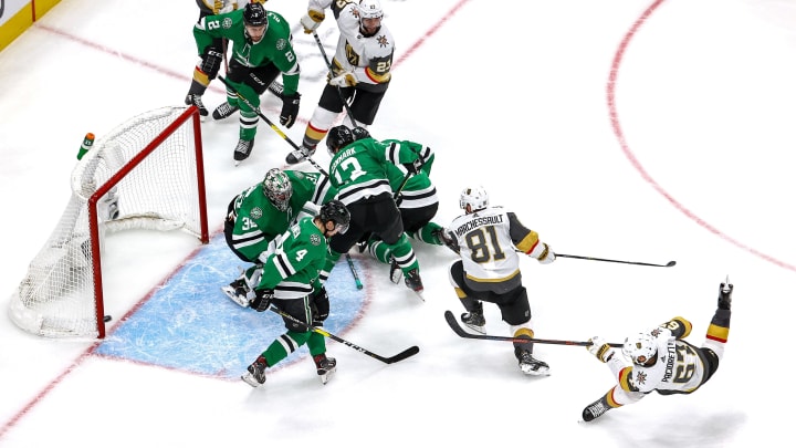 Max Pacioretty #67 of the Vegas Golden Knights hits the post on a shot against Anton Khudobin #35 of the Dallas Stars