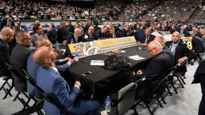 DALLAS, TX – JUNE 22: A general view of the Nashville Predators draft table is seen during the first round of the 2018 NHL Draft at American Airlines Center on June 22, 2018 in Dallas, Texas. (Photo by Brian Babineau/NHLI via Getty Images)