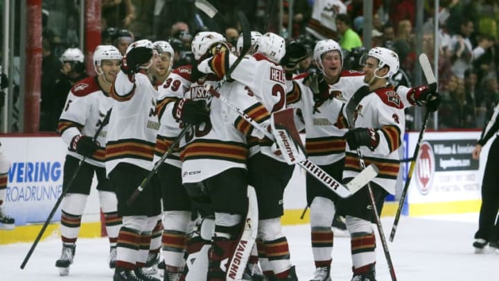 TUCSON, AZ - DECEMBER 07: Tucson Roadrunners celebrate winning the game 4-3 over the Ontario Reign after the game went to a shootout on December 07, 2018, at Tucson Convention Center in Tucson, AZ. (Photo by Jacob Snow/Icon Sportswire via Getty Images)