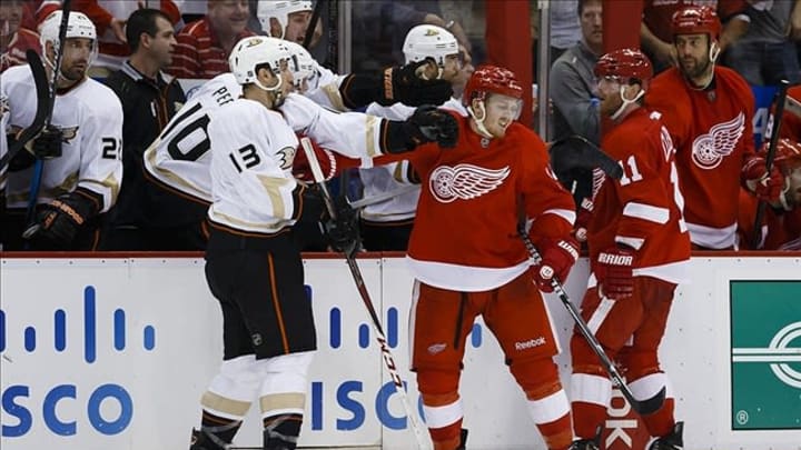 May 10, 2013; Detroit, MI, USA; Anaheim Ducks center Nick Bonino (13) and Detroit Red Wings center Gustav Nyquist (14) shoved each other on the ice in game six of the first round of the 2013 Stanley Cup Playoffs at Joe Louis Arena. Mandatory Credit: Rick Osentoski-USA TODAY Sports