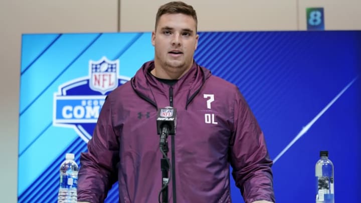 INDIANAPOLIS, IN - MARCH 01: Michigan offensive lineman Mason Cole speaks to the media during NFL Combine press conferences at the Indiana Convention Center on March 1, 2018 in Indianapolis, Indiana. (Photo by Joe Robbins/Getty Images)
