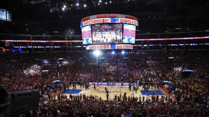 May 3, 2014; Los Angeles, CA, USA; Fans celebrate after the game between the Golden State Warriors and Los Angeles Clippers in game seven of the first round of the 2014 NBA Playoffs at Staples Center. The Los Angeles Clippers defeated the Golden State Warriors 126-121. Mandatory Credit: Kelvin Kuo-USA TODAY Sports