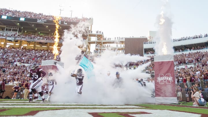 STARKVILLE, MS – SEPTEMBER 15: Members of the Mississippi State Bulldogs run out of their tunnel prior to their game against the Louisiana-Lafayette Ragin Cajuns on September 15, 2018 at Davis Wade Stadium in Starkville, Mississippi. (Photo by Michael Chang/Getty Images)