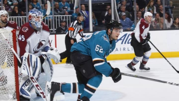 SAN JOSE, CA – APRIL 05: Kevin Labanc #62 of the San Jose Sharks skates against Jonathan Bernier #45 of the Colorado Avalanche at SAP Center on April 5, 2018 in San Jose, California. (Photo by Rocky W. Widner/NHL/Getty Images) *** Local Caption *** Kevin Labanc; Jonathan Bernier