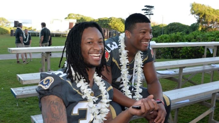 Jan 29, 2016; Kahuku, HI, USA; Los Angeles Rams running back Todd Gurley (30) and Tampa Bay Buccaneers quarterback Jameis Winston (3) pose during 2016 Pro Bowl photo day at Turtle Bay Resort. Mandatory Credit: Kirby Lee-USA TODAY Sports