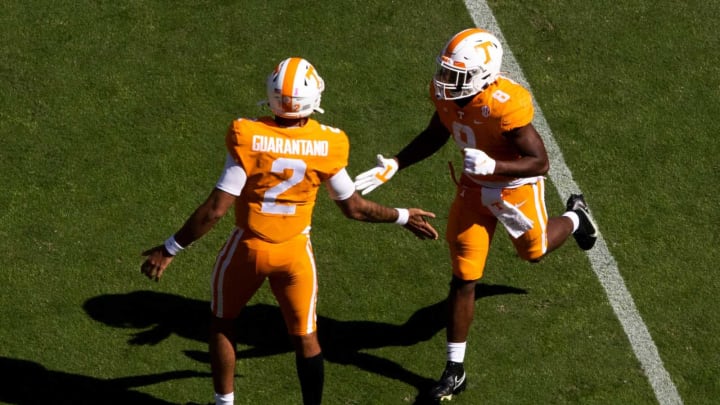 Tennessee quarterback Jarrett Guarantano (2) celebrates with Tennessee running back Ty Chandler (8) during a SEC conference football game between the Tennessee Volunteers and the Kentucky Wildcats held at Neyland Stadium in Knoxville, Tenn., on Saturday, October 17, 2020.Kns Ut Football Kentucky Bp
