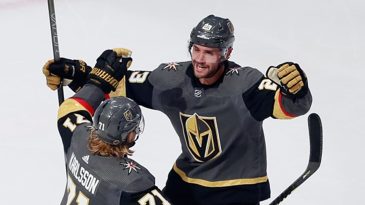 Mark Stone #61 of the Vegas Golden Knights scores at 57 seconds of the second period against Corey Crawford #50 of the Chicago Blackhawks