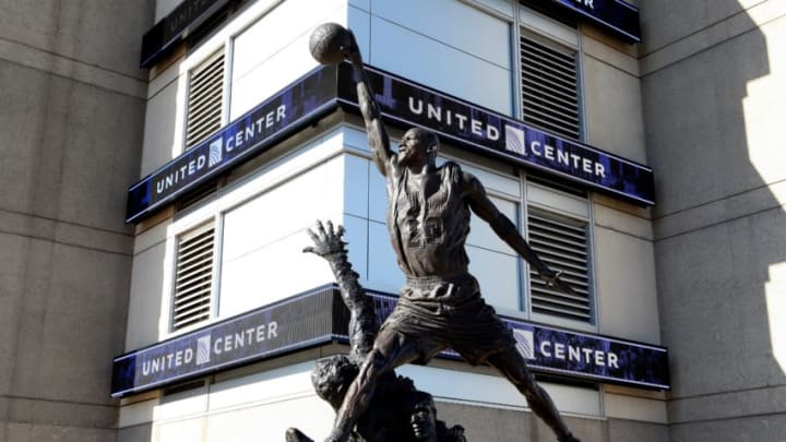 CHICAGO - NOVEMBER 02: Omri Amrany and Julie Rotblatt-Amrany's Michael Jordan statue, officially known as 'The Spirit' sits outside the United Center, home of the Chicago Bulls basketball team and Chicago Blackhawks hockey team in Chicago, Illinois on November 2, 2015. (Photo By Raymond Boyd/Getty Images)