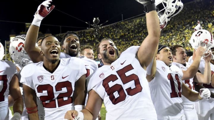 EUGENE, OR - SEPTEMBER 22: Cornerback Obi Eboh (22) and center Brian Chaffin (65) of the Stanford Cardinal celebrate after the game against the Oregon Ducks at Autzen Stadium on September 22, 2018 in Eugene, Oregon. Stanford won the game in overtime 38-31. (Photo by Steve Dykes/Getty Images)