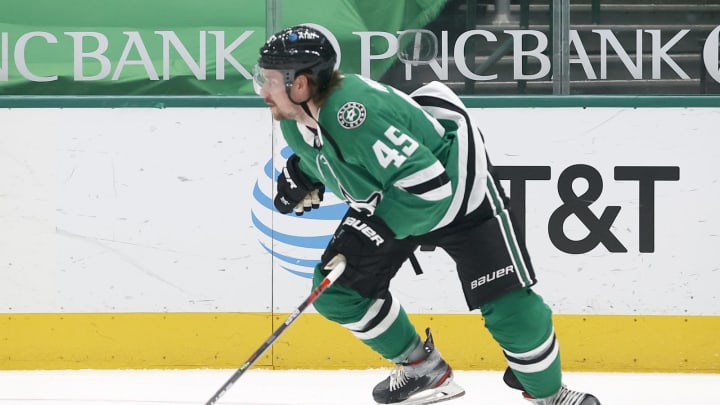 DALLAS, TEXAS – APRIL 15: Sami Vatanen #455 of the Dallas Stars skates during pregame warm up before taking on the Columbus Blue Jackets at American Airlines Center on April 15, 2021 in Dallas, Texas. (Photo by Tom Pennington/Getty Images)