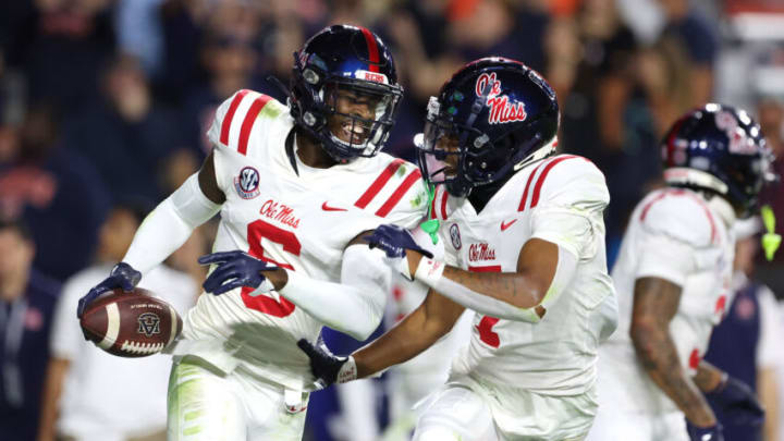 Oct 21, 2023; Auburn, Alabama, USA; Mississippi Rebels cornerback Zamari Walton (6) celebrates with cornerback Deantre Prince (7) after intercepting a pass in the end zone against the Auburn Tigers during the fourth quarter at Jordan-Hare Stadium. Mandatory Credit: John Reed-USA TODAY Sports