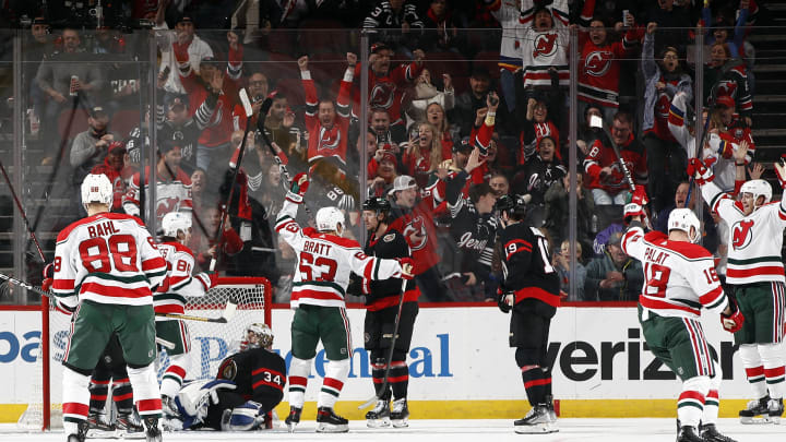 The New Jersey Devils celebrate the game-winning goal by Hamilton on March 25, 2023. | Photo by Sarah Stier for Getty Images.