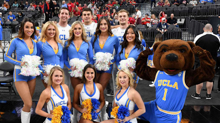 LAS VEGAS, NV - MARCH 09: UCLA Bruins cheerleaders and mascot Joe Bruin pose before the team's semifinal game of the Pac-12 basketball tournament against the Arizona Wildcats at T-Mobile Arena on March 9, 2018 in Las Vegas, Nevada. The Wildcats won 78-67 in overtime. (Photo by Ethan Miller/Getty Images)
