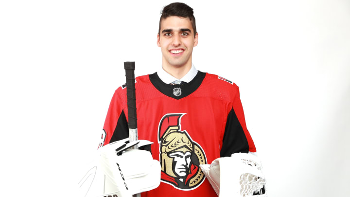 DALLAS, TX – JUNE 23: Kevin Mandolese poses after being selected 157th overall by the Ottawa Senators during the 2018 NHL Draft at American Airlines Center on June 23, 2018 in Dallas, Texas. (Photo by Tom Pennington/Getty Images)