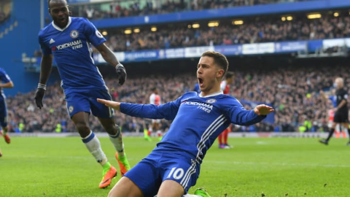 LONDON, ENGLAND - FEBRUARY 04: Eden Hazard of Chelsea celebrates with team-mates after scoring his team's second goal during the Premier League match between Chelsea and Arsenal at Stamford Bridge on February 4, 2017 in London, England. (Photo by Darren Walsh/Chelsea FC via Getty Images)