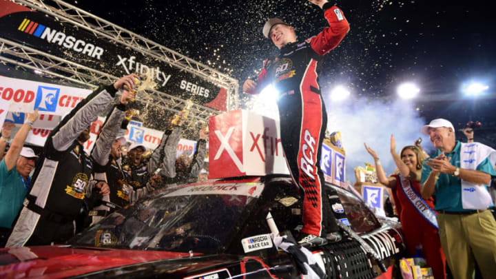 BRISTOL, TENNESSEE - AUGUST 16: Tyler Reddick, driver of the #2 Tame the BEAST Chevrolet, celebrates in Victory Lane after winning the NASCAR Xfinity Series Food City 300 at Bristol Motor Speedway on August 16, 2019 in Bristol, Tennessee. (Photo by Jared C. Tilton/Getty Images)