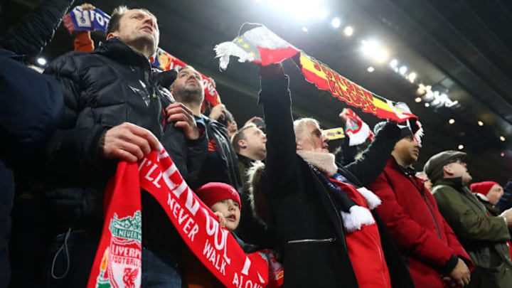 LIVERPOOL, ENGLAND - NOVEMBER 27: Liverpool supporters sing 'You'll Never Walk Alone' as the players enter the field of play ahead of the UEFA Champions League group E match between Liverpool FC and SSC Napoli at Anfield on November 27, 2019 in Liverpool, United Kingdom. (Photo by Michael Steele/Getty Images)