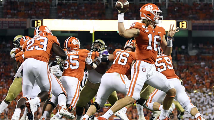 CLEMSON, SOUTH CAROLINA – AUGUST 29: Quarterback Trevor Lawrence #16 of the Clemson Tigers attempts a pass against the Georgia Tech Yellow Jackets during the football game at Memorial Stadium on August 29, 2019 in Clemson, South Carolina. (Photo by Mike Comer/Getty Images)