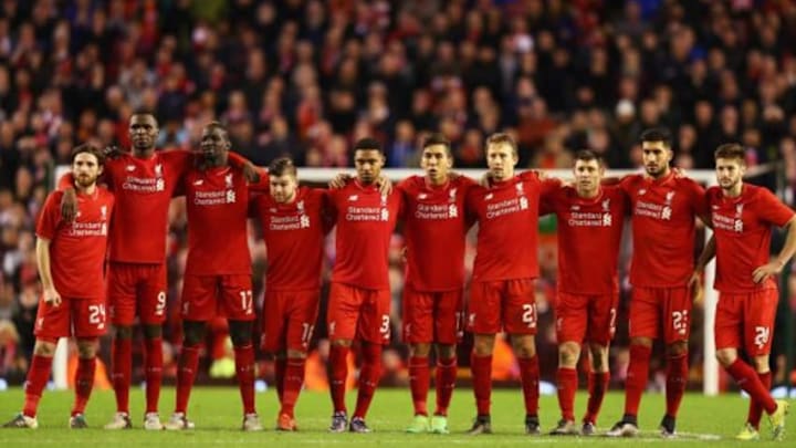 LIVERPOOL, ENGLAND - JANUARY 26: Liverpool players look on during the penalty shoot out during the Capital One Cup semi final second leg match between Liverpool and Stoke City at Anfield on January 26, 2016 in Liverpool, England. (Photo by Clive Brunskill/Getty Images)