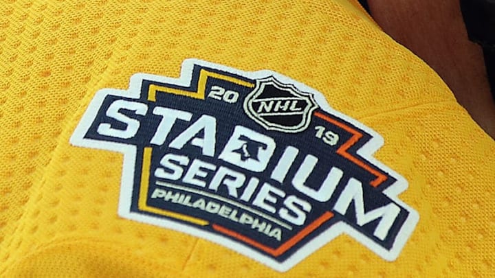 PHILADELPHIA, PENNSYLVANIA - FEBRUARY 22: A close-up of the Stadium Series logo during the Pittsburgh Penguins skate prior to Saturday's 2019 Coors Light NHL Stadium Series game at the Lincoln Financial Field on February 22, 2019 in Philadelphia, Pennsylvania. (Photo by Bruce Bennett/Getty Images)