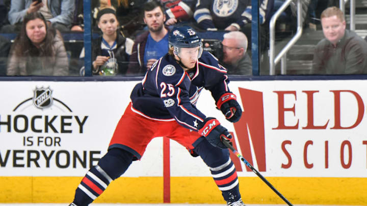 COLUMBUS, OH - FEBRUARY 25: William Karlsson #25 of the Columbus Blue Jackets skates against the New York Islanders on February 25, 2017 at Nationwide Arena in Columbus, Ohio. (Photo by Jamie Sabau/NHLI via Getty Images)