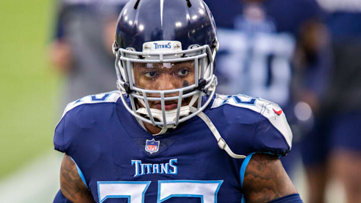 NASHVILLE, TENNESSEE - Running back Derrick Henry #22 of the Tennessee Titans warms up before a game against the Detroit Lions at Nissan Stadium on December 20, 2020 in Nashville, Tennessee. The Titans defeated the Lions 46-25. (Photo by Wesley Hitt/Getty Images)