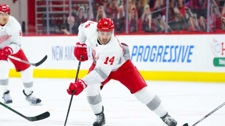 Mar 4, 2021; Raleigh, North Carolina, USA; Detroit Red Wings center Robby Fabbri (14) skates with the puck against the Carolina Hurricanes at PNC Arena. Mandatory Credit: James Guillory-USA TODAY Sports